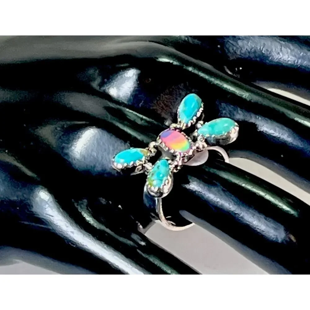 Southwest Sterling Silver Kingman Turquoise Pink Opal Butterfly Cluster Ring